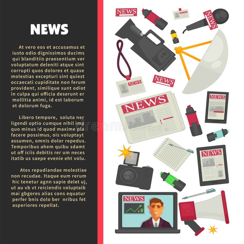 Television news poster for journalism profession of vector journalist equipment