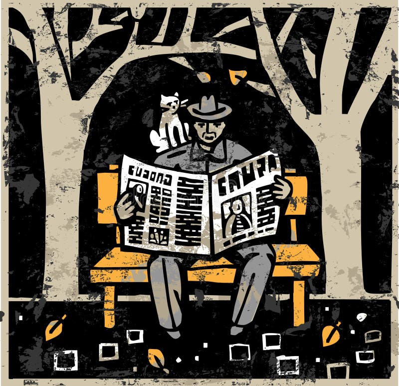 The unrecognizable man is reading the newspaper in the park. Grange textured color illustration. Man reading magazine vectors