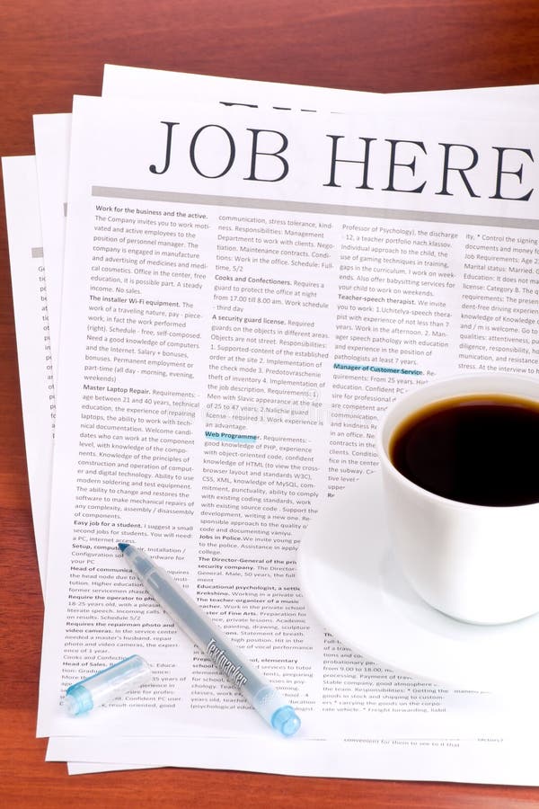 Newspaper JOB HERE and a Cup of Coffee Stock Image Image of article, business 23689199