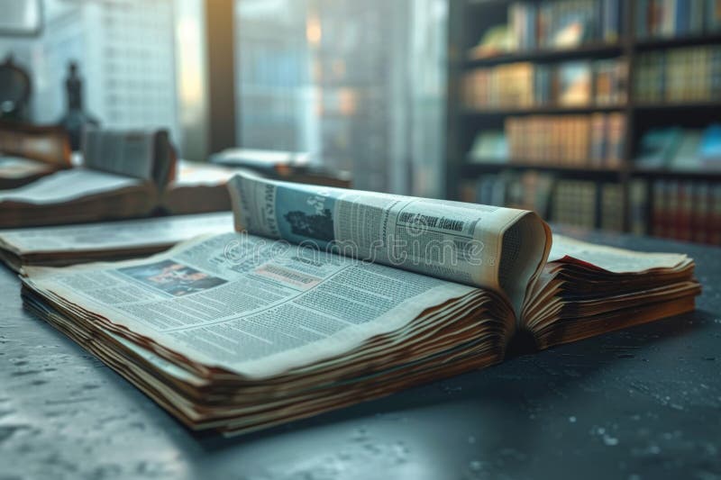 Newspapers arranged on minimalist background, creating subtle blurred effect royalty free illustration