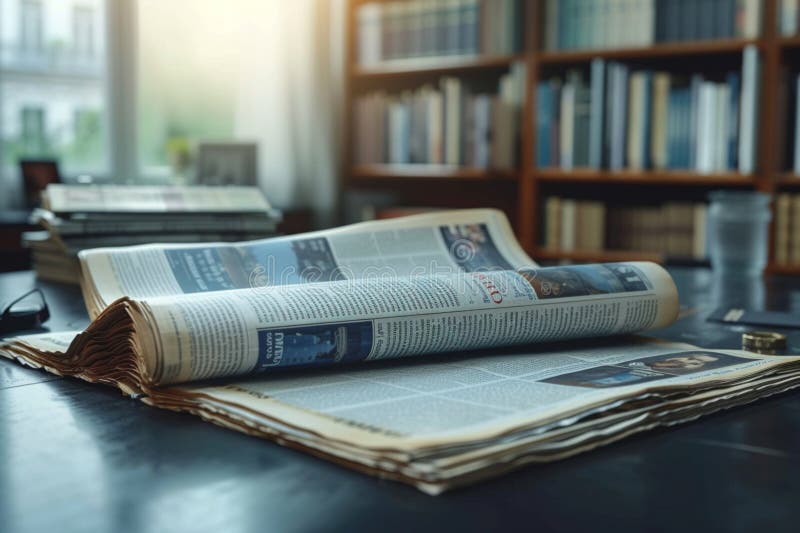 Newspapers arranged on minimalist background, creating subtle blurred effect royalty free illustration