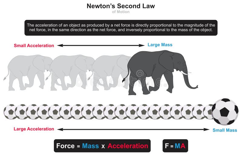 Newton second law of motion infographic diagram example elephant and football