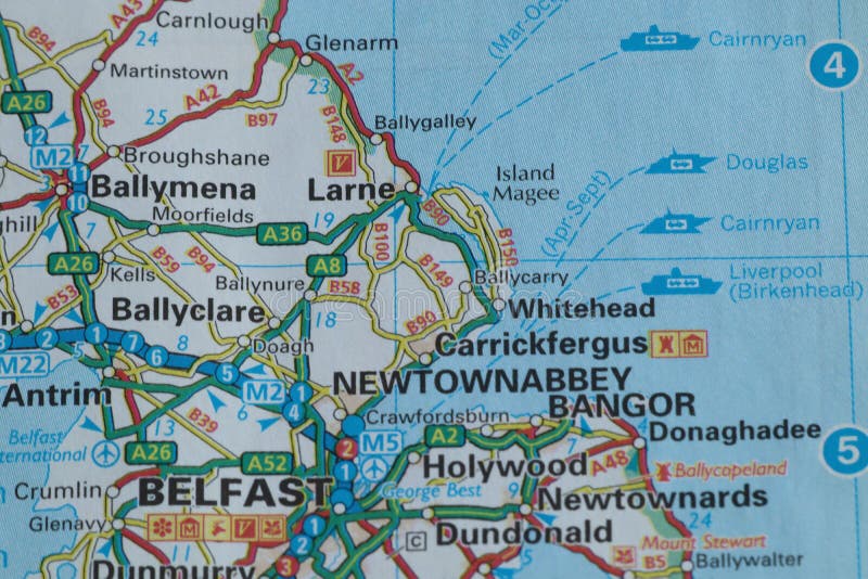 Newtownabbey in Northern Ireland in colour in an atlas map.