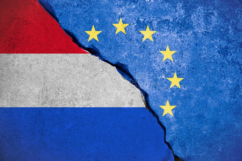 Nexit blue european union EU flag on broken wall and half netherlands flag, vote for referendum holland exit from europe