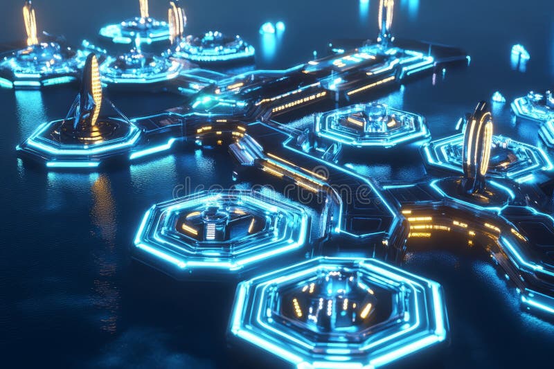 A next-generation spaceport where passengers board hexagonal floating platforms for intergalactic royalty free stock images