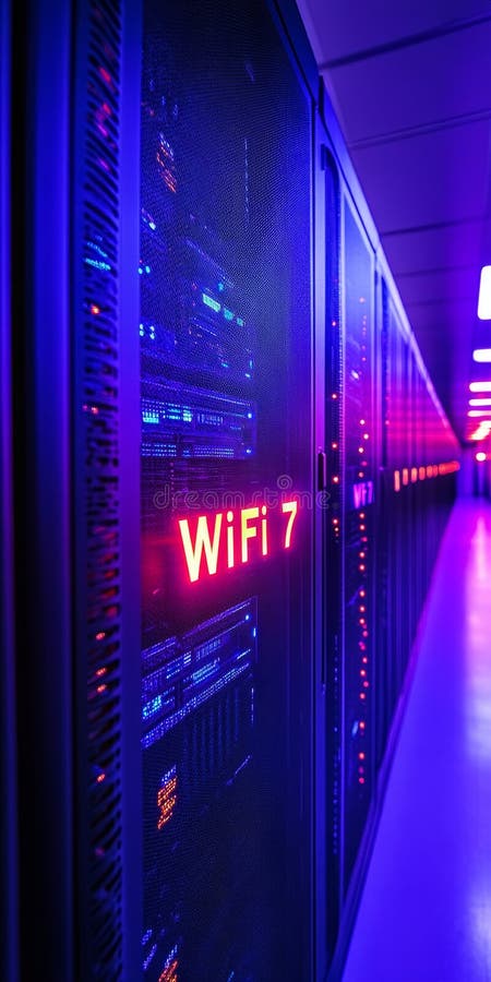 Next Generation Wireless Technology WiFi 7 Illuminated on a Server Rack in Futuristic Data Center vector illustration