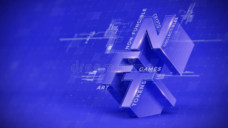 NFT concept. NFT - nonfungible tokens on blue background stock illustration