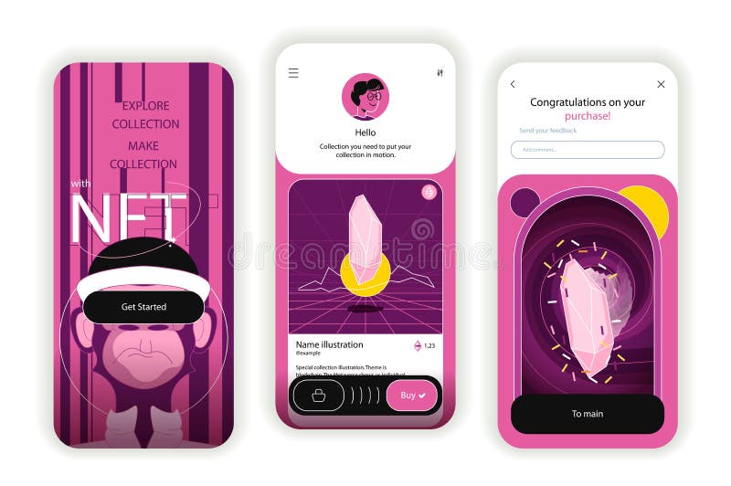 NFT concept onboarding screens. UI, UX, GUI user interface kit vector illustration