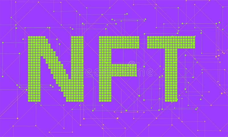 NFT letters on the background of the blockchain. Banner. The background is horizontal. stock illustration