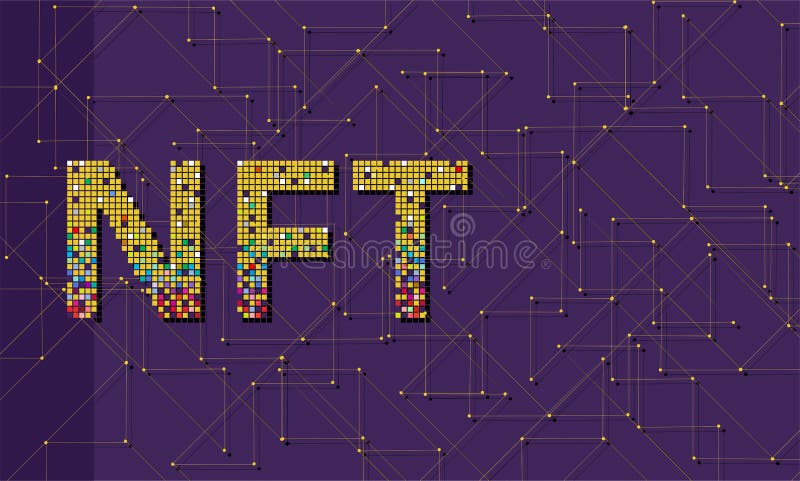NFT letters on the background of the blockchain. Banner. The background is horizontal. stock illustration
