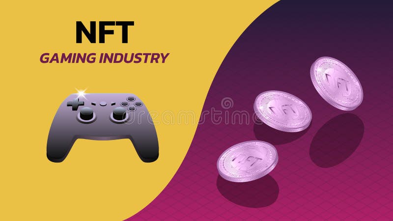Nft nicht fungible Token Gaming Industrie Banner mit Spielkonsole Gamepad und isometrischen fallenden Münzen. vektor abbildung