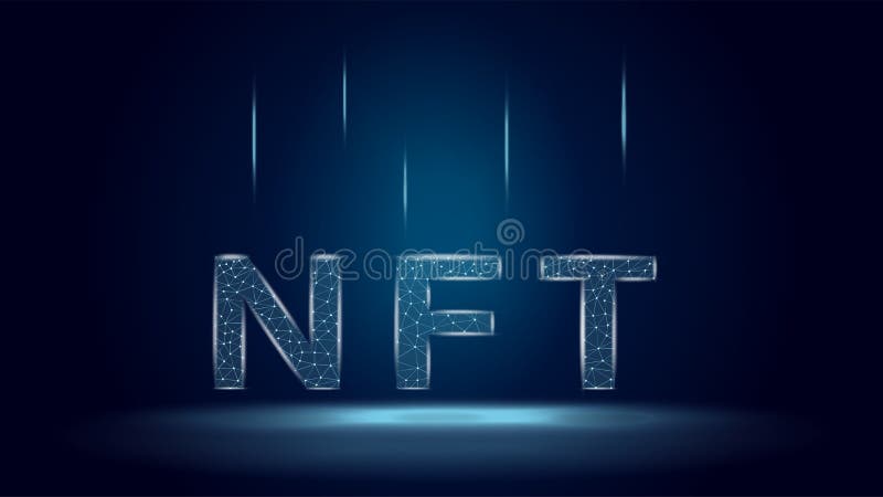 Nft nicht fungible Token im polygonalen Drahtmodell-Stil auf dunkelblauem Hintergrund. lizenzfreie abbildung