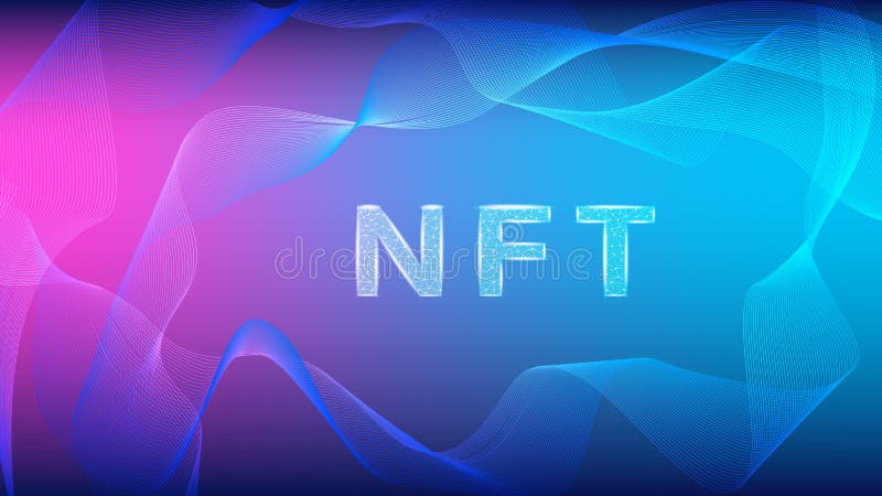 Nft nicht fungible Token im polygonalen Wireframe-Stil auf buntem abstrakten Hintergrund mit Wellen. vektor abbildung