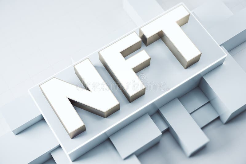 Nft nicht fungible Token Krypto-Kunst Konzept mit weißen großen Symbolen auf abstrakten industriellen Hintergrund. vektor abbildung