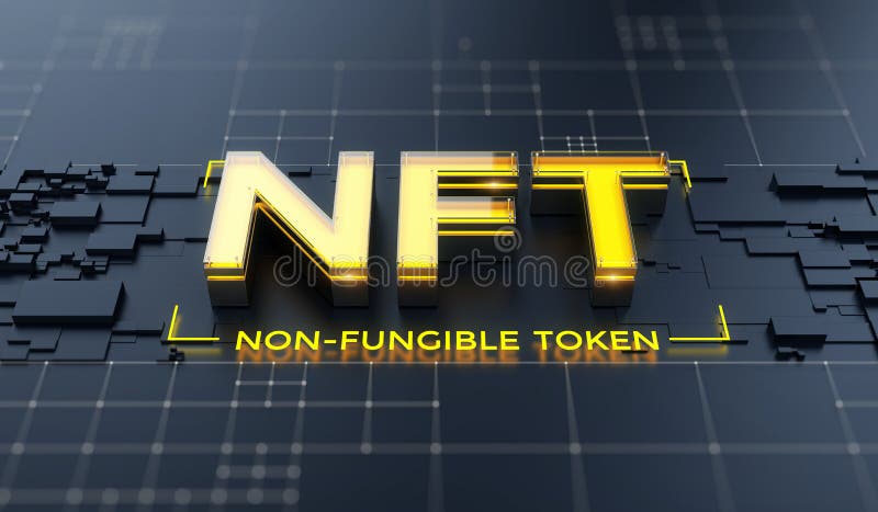 NFT nonfungible tokens concept on dark background - NFT word on abstract technology surface stock illustration