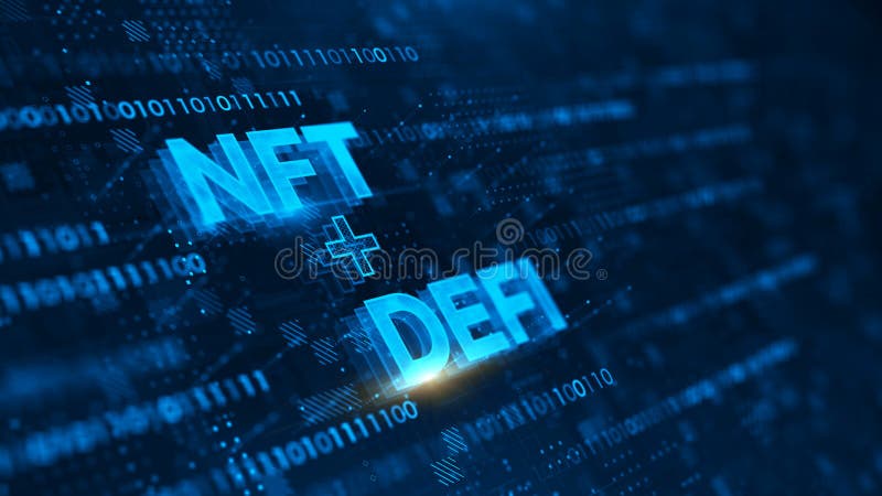 NFT nonfungible tokens and DeFi - Decentralized Finance concept on dark blue background. Concept of blockchain, decentralized vector illustration