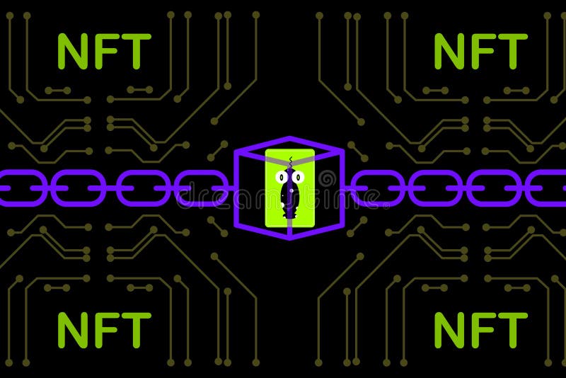 Nft nonfungible Zeichenkunst und collectibles Illustrationsgebrauch blockchain Technologie stock abbildung