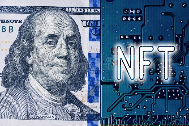 NFT Coin on Printed Circuit Board. Electronic Board, Us Dollar and NFT