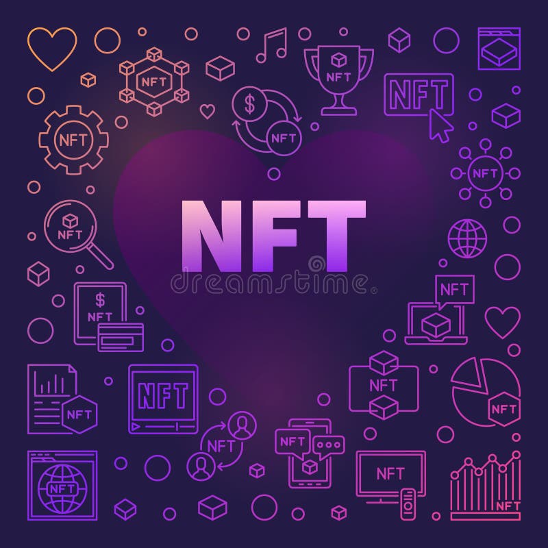 NFT Technology Heart Colored Frame - Non-Fungible Token vector line Illustration