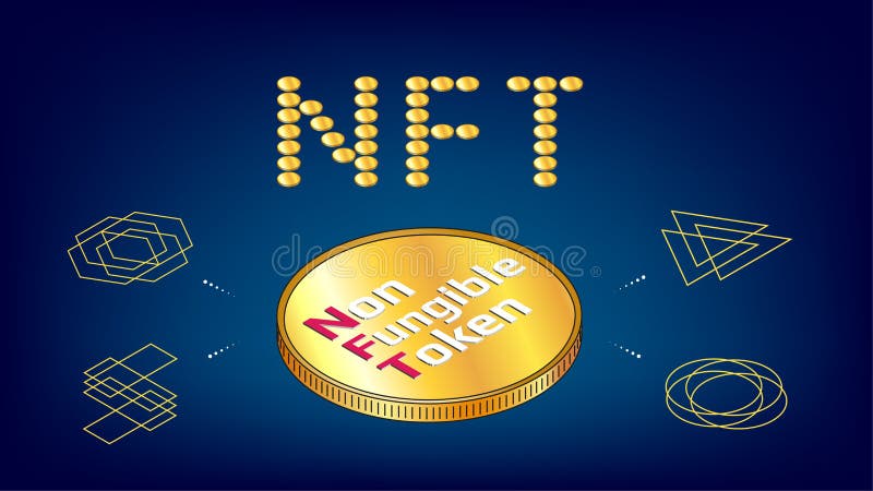 Nft Wort aus goldenem vertretbarem Info-Grafiken Zeichen der Münzen nicht mit großer isometrischer Medaille auf blauem Hintergrund lizenzfreie abbildung