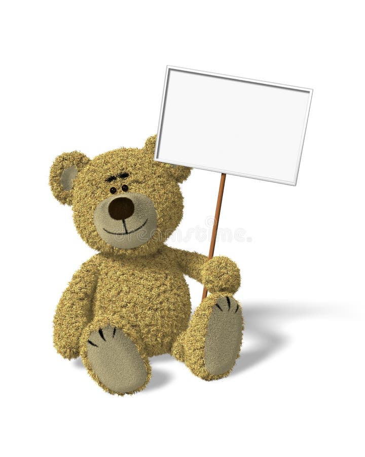 Nhi Bear sitting holding a sign