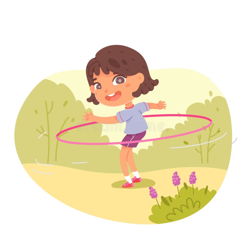 Niña deportiva haciendo ejercicio con hula hoop sobre fondo de parque