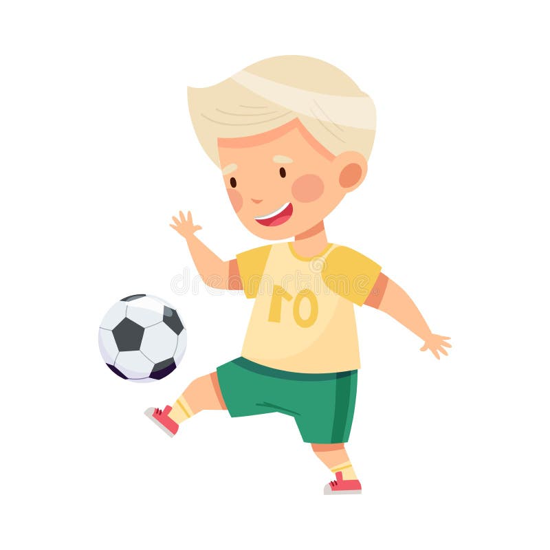 Conjunto de niños pequeños con camiseta y pantalones cortos jugando al  fútbol, niños de dibujos animados lindos pateando un balón de fútbol en  blanco.