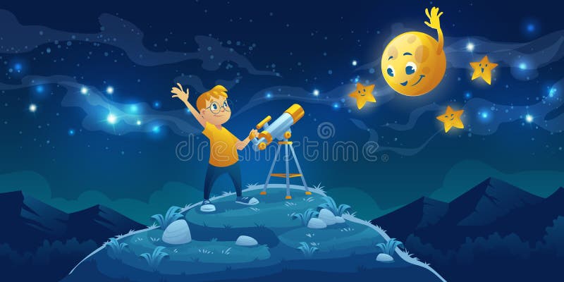 Niño Mira En Telescopio Niño Observación Espacial Ilustración del Vector -  Ilustración de fondo, noche: 211533852
