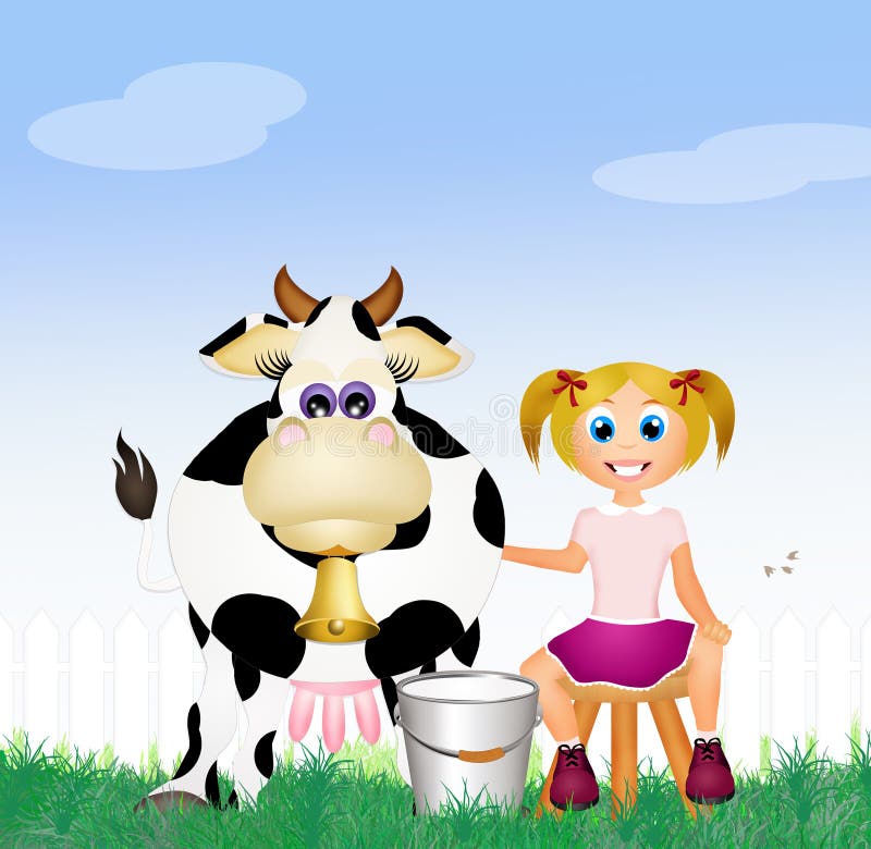 Niño que ordeña una vaca stock de ilustración. Ilustración de horned -  54238961