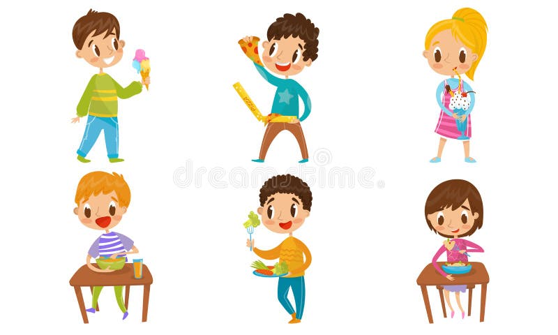 Niños Comiendo Alimentos Saludables Y Desechables Diferentes Conceptos Conjunto De Ilustración Vectorial Ilustración Del Vector Ilustración De Muchacha Salud 161134763