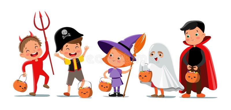 Niños De Halloween Con Dibujos Animados Vectoriales Con Disfraces  Divertidos Ilustración del Vector - Ilustración de vacaciones, escoba:  233279547