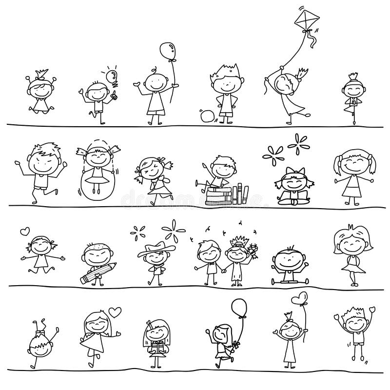 Niños Felices De La Historieta Del Dibujo De La Mano Ilustración del Vector  - Ilustración de cometa, sano: 32840924
