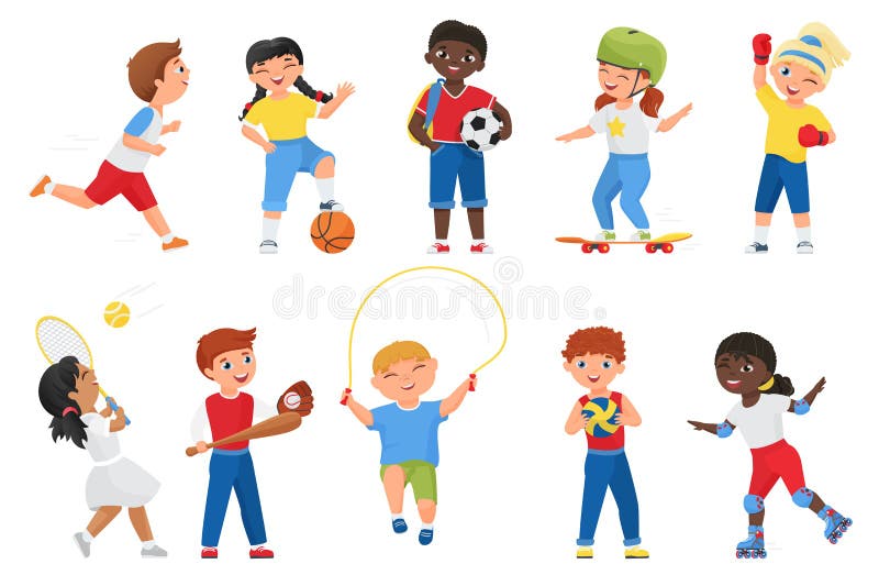 dibujos animados contento colegio niños jugando Deportes y haciendo  ejercicio deporte ocupaciones para niños béisbol, salto a la comba soga,  tenis, andar en patineta, vector conjunto 23355766 Vector en Vecteezy