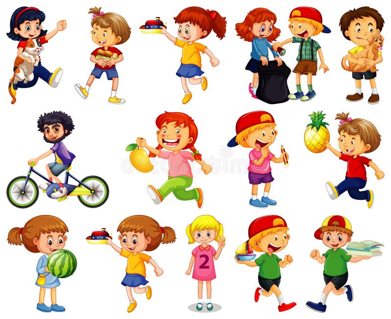 Ilustración de dibujos animados de juegos infantiles con personajes de  niños de preescolar multinacionales