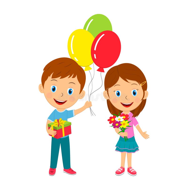 Niños Tiernos Dibujos Animados Con Globos De Regalo Y Flores Ilustración  del Vector - Ilustración de presente, gente: 204882747