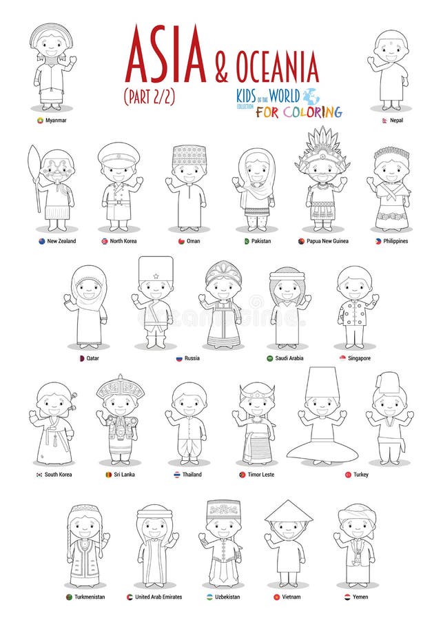 Ni?os y nacionalidades del vector del mundo: Asia y Ocean?a fijaron 2 de 2 Fije de 24 caracteres para colorear en trajes nacional stock de ilustración Ni?os y nacionalidades del vector del mundo: Asia y Ocean?a fijaron 2 de 2 Fije de 24 caracteres para colorear en trajes nacional stock de ilustración