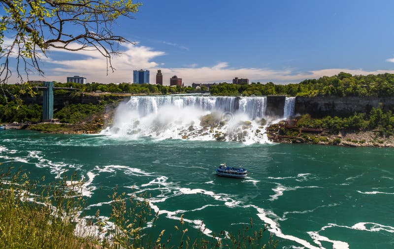 Niagara Falls, looking down the Niagara river. View of the river, observation tower, watefalls, cruise boats, city skyline.