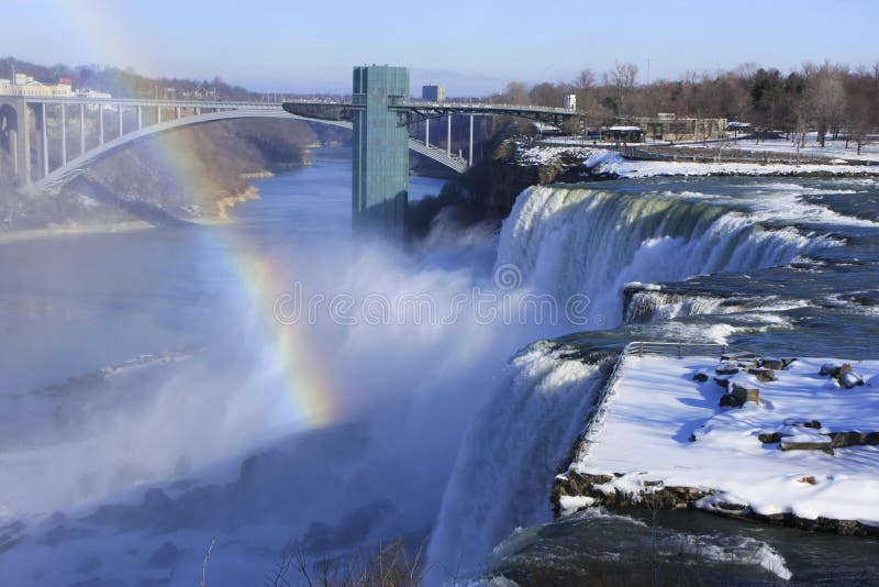 Niagara Falls and Rainbow Bridge in winter, New York, USA stock image Niagara Falls and Rainbow Bridge in winter, New York, USA stock image