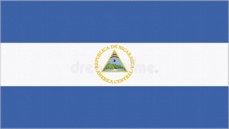 Nicaragua embroidery flag. Emblem stitched fabric. Embroidered coat of arms. Country symbol textile background