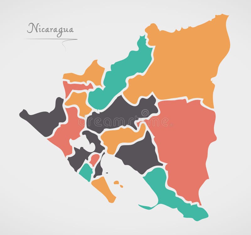 Nicaragua Map with states and modern round shapes vector illustration Nicaragua Map with states and modern round shapes vector illustration
