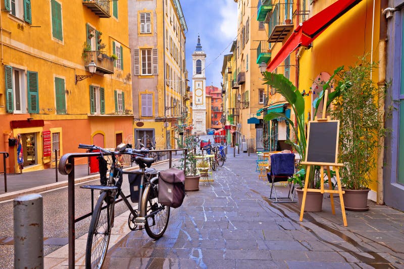 Nice colorful street architecture and church view stock image