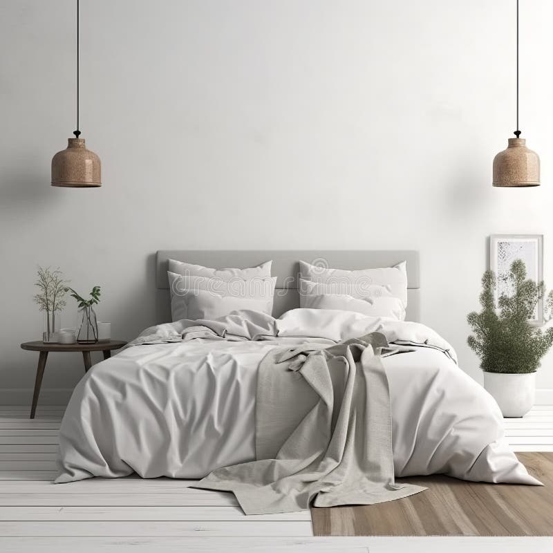 Nice Cozy Bedroom Room , for Poster Mockup with White Wall Stock