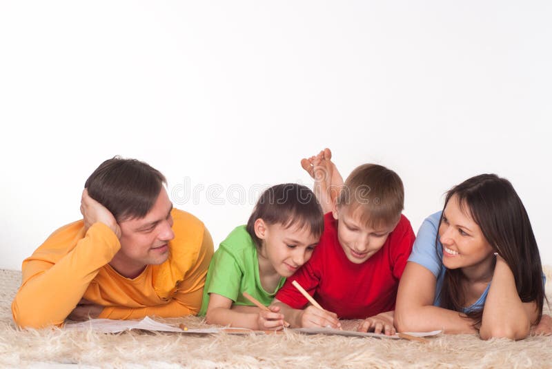 Nice family drawing on a carpet on white