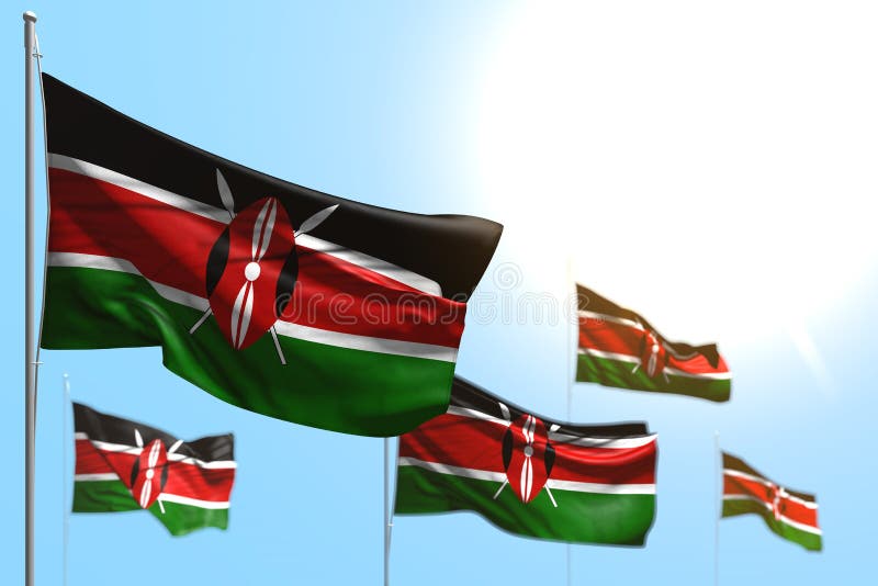 Nice 5 flags of Kenya are wave against blue sky image with bokeh - any celebration flag 3d illustration royalty free illustration