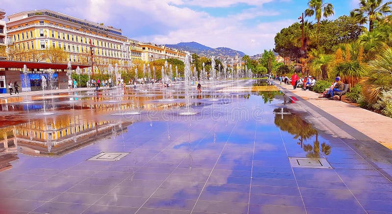 NICE, FRANCE, MAY - 2018: Fountain in Promenade Du Paillon Park. an ...