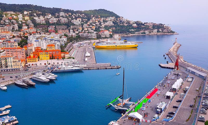NICE, FRANCE - MAY 2018: View of the harbour port from the Castle Hill, French Riviera. Nice, Cote d`Azur, France stock photos NICE, FRANCE - MAY 2018: View of the harbour port from the Castle Hill, French Riviera. Nice, Cote d`Azur, France stock photos