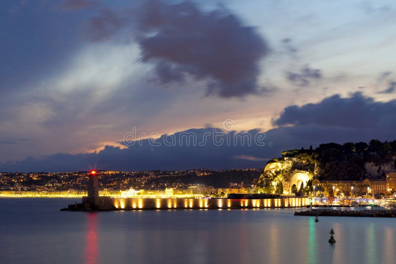 Nice France sea port night panorama with colourful sky stock photo Nice France sea port night panorama with colourful sky stock photo