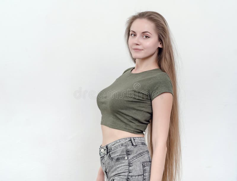 Nice Girl with Beautiful Breasts in a Green T-shirt Posing on Ca Stock  Photo - Image of allure, playful: 177356174