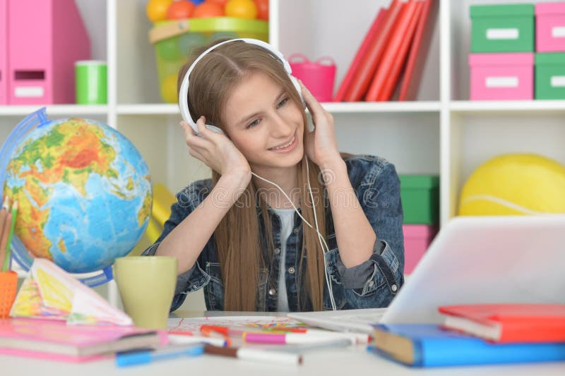 Cute Girl with Laptop at Home at Desk Stock Image Image of service