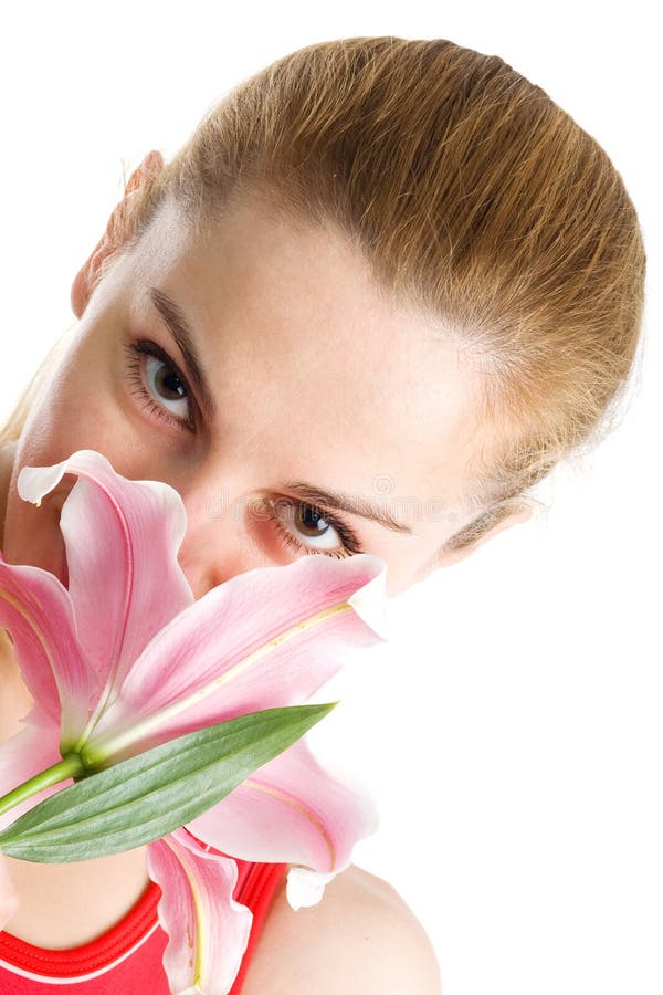 Nice girl with a pink lily